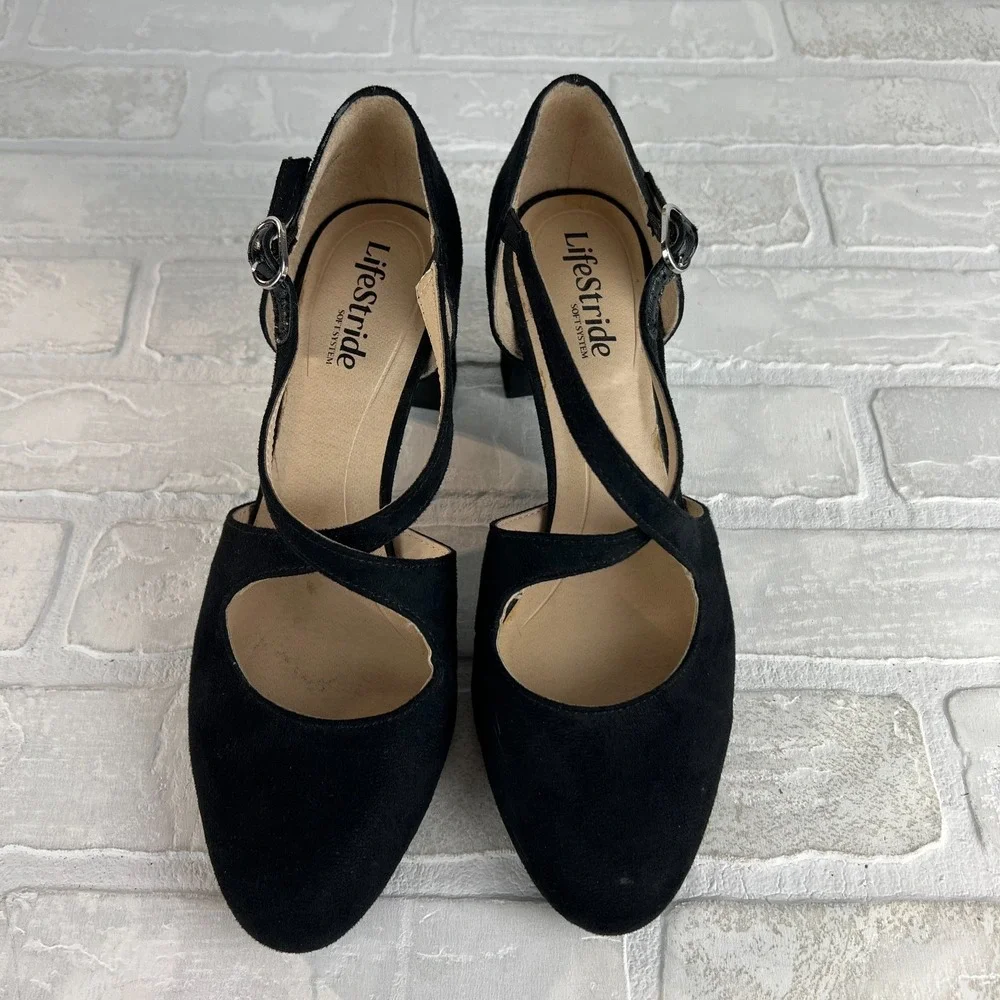 LifeStride Heels Pumps Womens 8.5‎ Tracy Black Suede Strappy Block Heel Classy